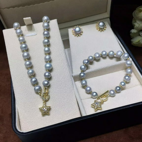 EOEMY 8-9mm Gray Freshwater Pearl Necklace Bracelet Earrings Set