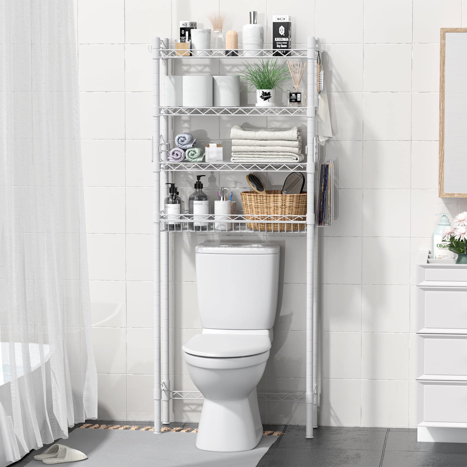 Over The Toilet Storage, Bathroom Organizer Shelves Space Saver Over Toilet, Above Toilet Storage Rack, Over-The-Toilet Storage Shelf, White