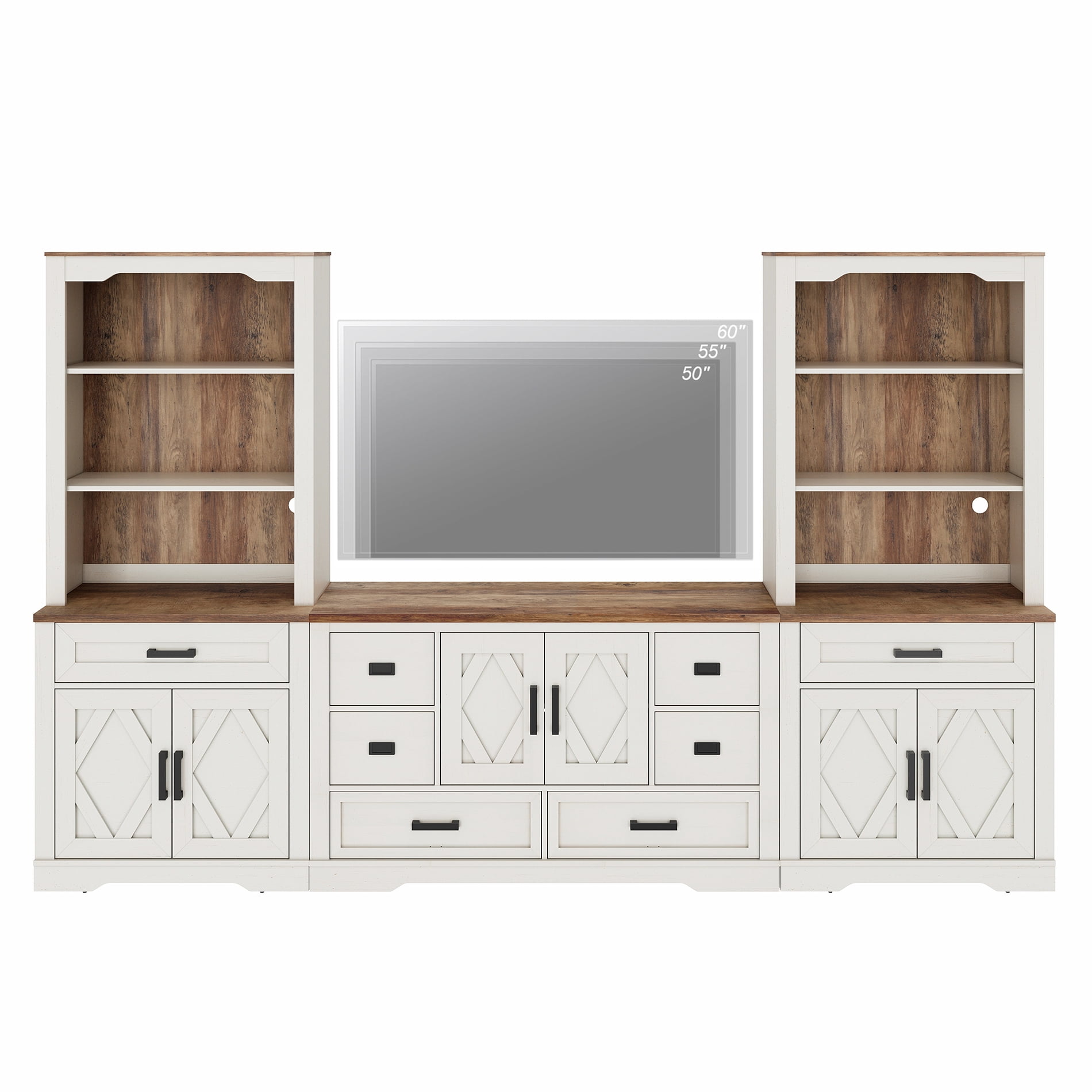 WAMPAT Farmhouse Entertainment Center with Bookshelf for TVs up to 60",Mid Century Modern TV Stand with 73"H Tall 5-Tier Bookcase with Open Storage and Barn Doors for Living Room,Bedroom,White