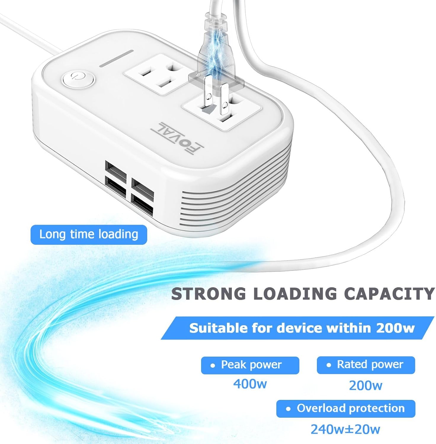 Foval Inverter Per Auto 200W – Da 12V A 110V AC Con 4 Porte USB E 2 Prese, Convertitore Compatto Con Ventola Silenziosa