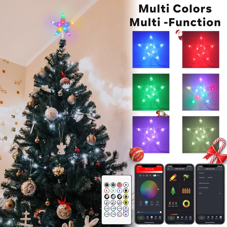 Christmas Tree Topper Light Smart App Remote Control 7 LED Color Changing  Star Tree Toppers Sync with Music Dimmable Timer USB Plug in/Wire 16.4Ft  Topper for Xmas Party Holiday 