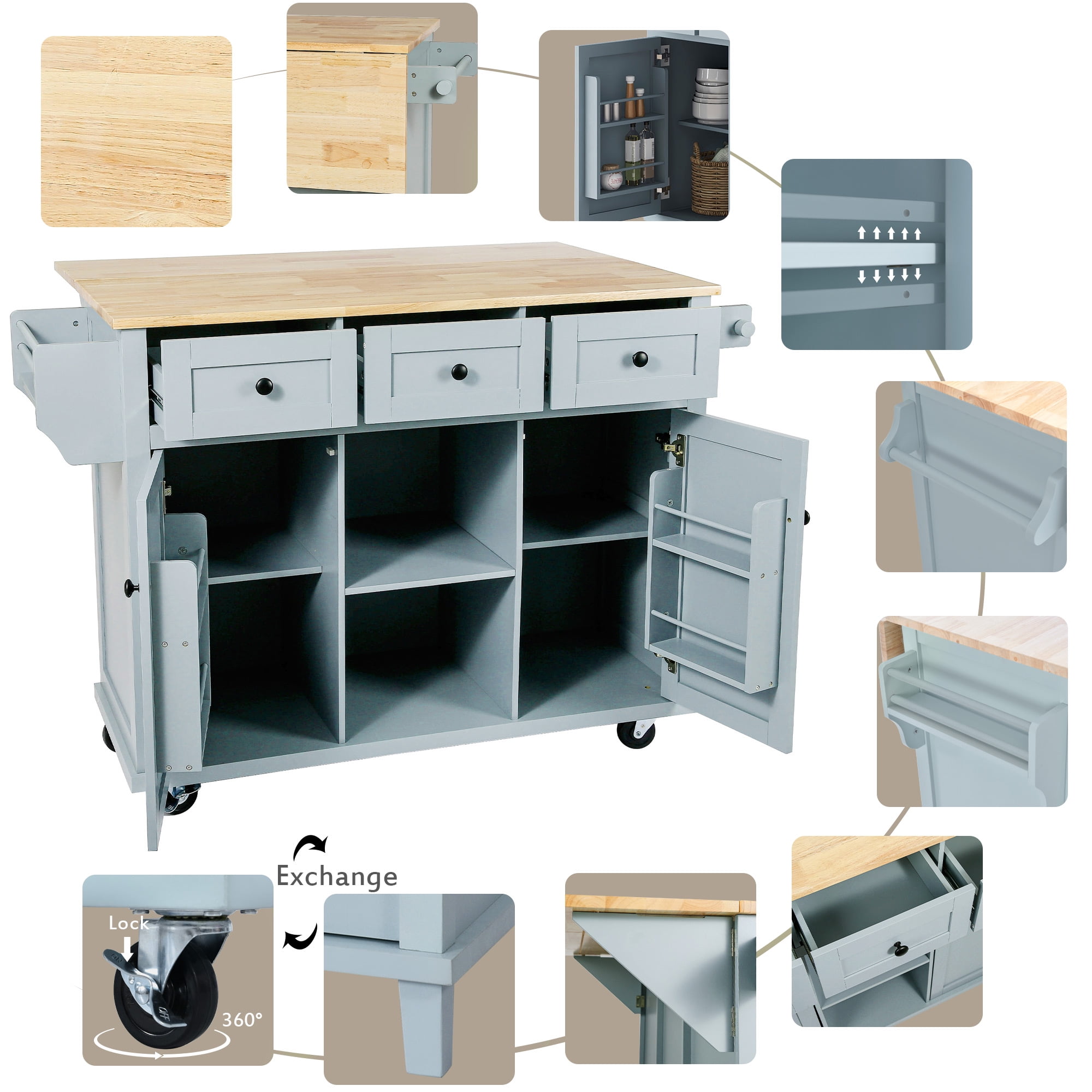 Cesicia Black Rubberwood Drop-Leaf Countertop 53.1 in. Kitchen Island Cart with Cabinet Door Internal Storage Racks and 3-Drawer