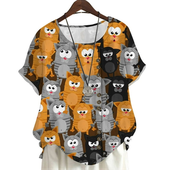 CLOOCL Plus Size Shirts for Women Playful Cat Cartoon 3D Printed Short Sleeve Summer Tops