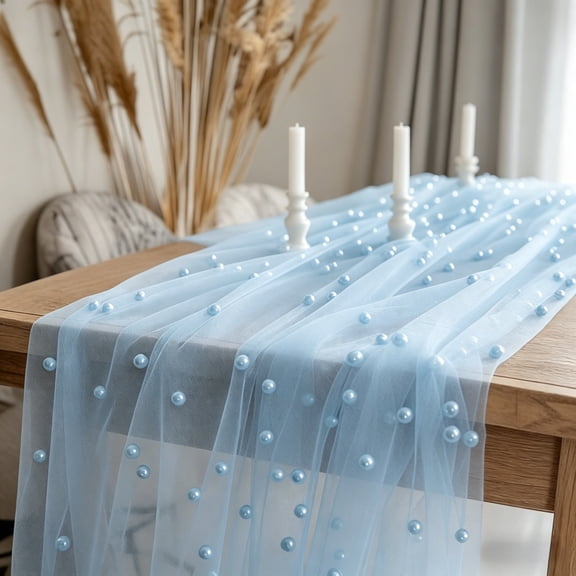 Chenweizhi Light blue Pearl Tulle Tablecloth, Decorative Table Cover for Dining Table Decoration, Sheer Pearl‑Embellished Tulle Table Overlay, 29.53 × 118.11Inch, 1 Pack, Lightweight Table