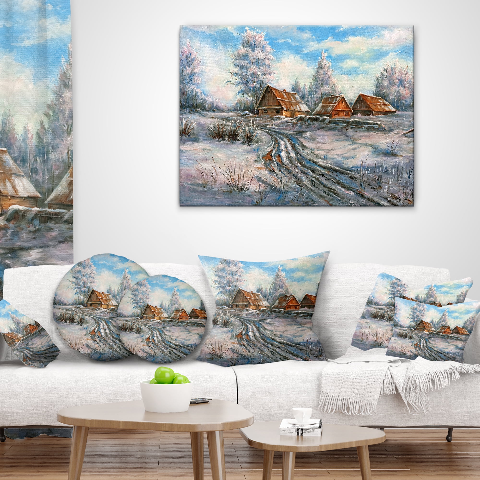Designart Snow Village - Landscape Printed Throw Pillow - 16x16