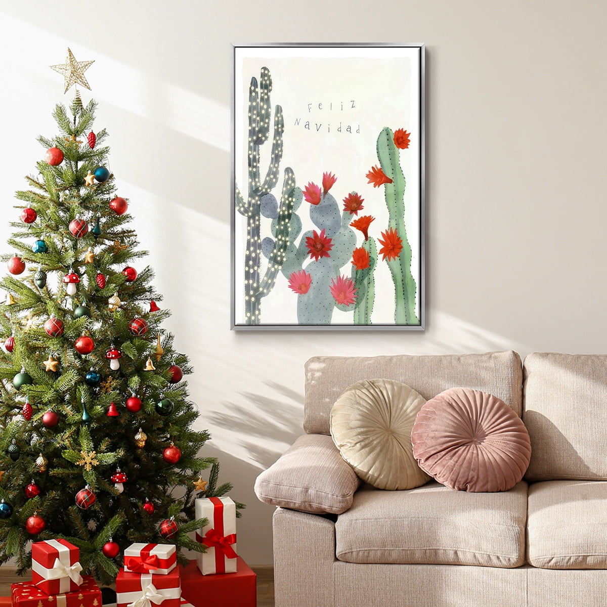 Desert Christmas Cactus II - Framed Gallery Wrapped Holiday Canvas - 27 x 41 - Silver Frame