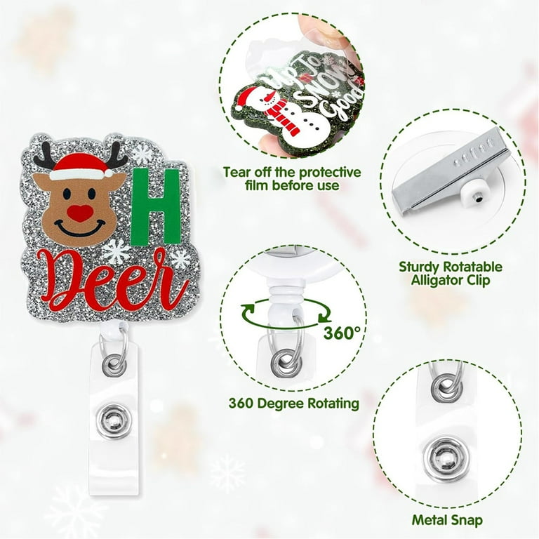 6Pcs Christmas Badge Reel Retractable,Xmas Acrylic Badge Reel With Christmas Tree,Snowman,Gingerbread Man,Elk,Santa Claus Design Glitter Badge Reel For Nurse Children Teacher Doctor Office Worker
