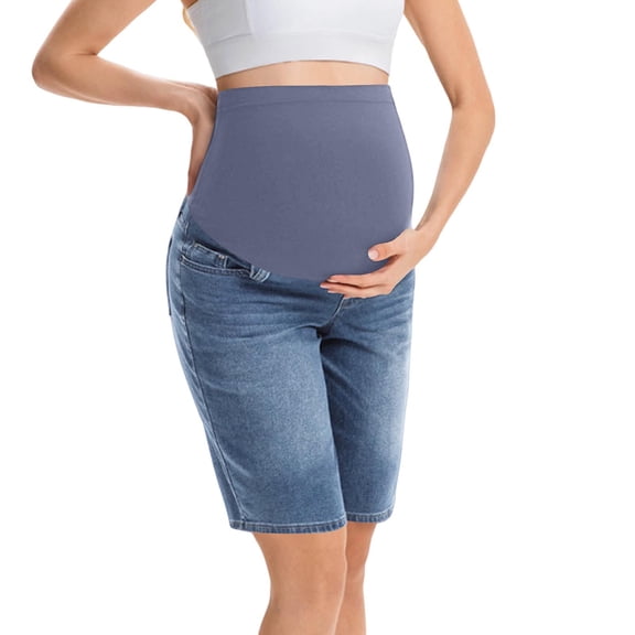 Maternity Denim Shorts for Women Over The Belly Stretchy Bermuda Jean Short Pants with Pockets Casual Summer Pregnancy Clothes Comfortable Fit Lounge Activewear