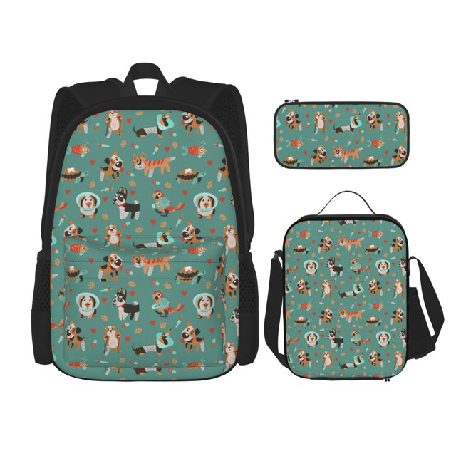 Easygdp Veterinary Clinics Mochila para Niños y Niñas con Set de Caja de Almuerzo y Estuche para Lápices 3 en 1, Mochila Escolar Estampada para Adolescentes