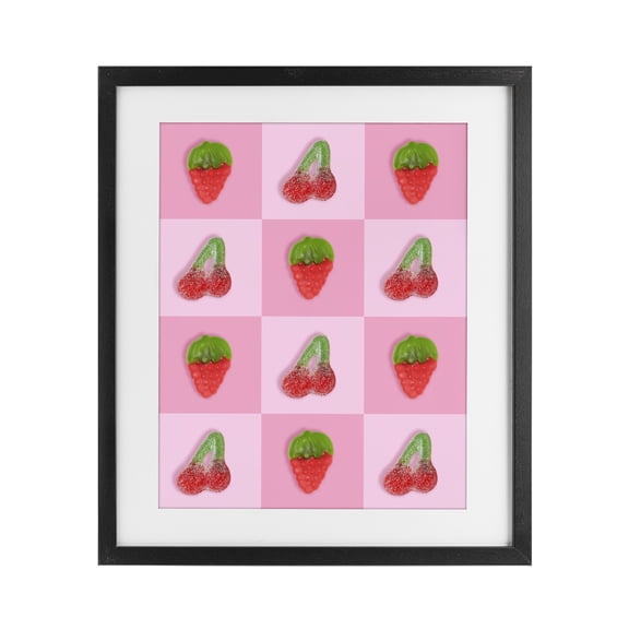 Stupell Industries Contemporary Gummy Strawberry and Cherry Checkerboard Black Framed Print Under Glass, 13 x 16, by LISH Creative
