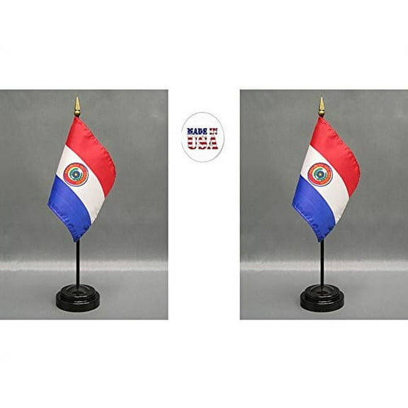 Made in The USA. 2 Paraguay Rayon 4"x6" Miniature Office Desk & Little Hand Waving Table Flags Includes 2 Flag Stands & 2 Small Mini Paraguayan Stick Flags