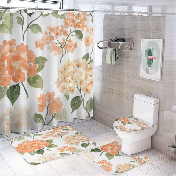 4 Piece Shower Curtain Sets with Non-Slip Rugs Toilet Lid Cover And Bath Mat Peach Watercolor Hydrangea Floral Waterproof Fabric Bath Curtains Springtime Summertime for Bathtub Decor