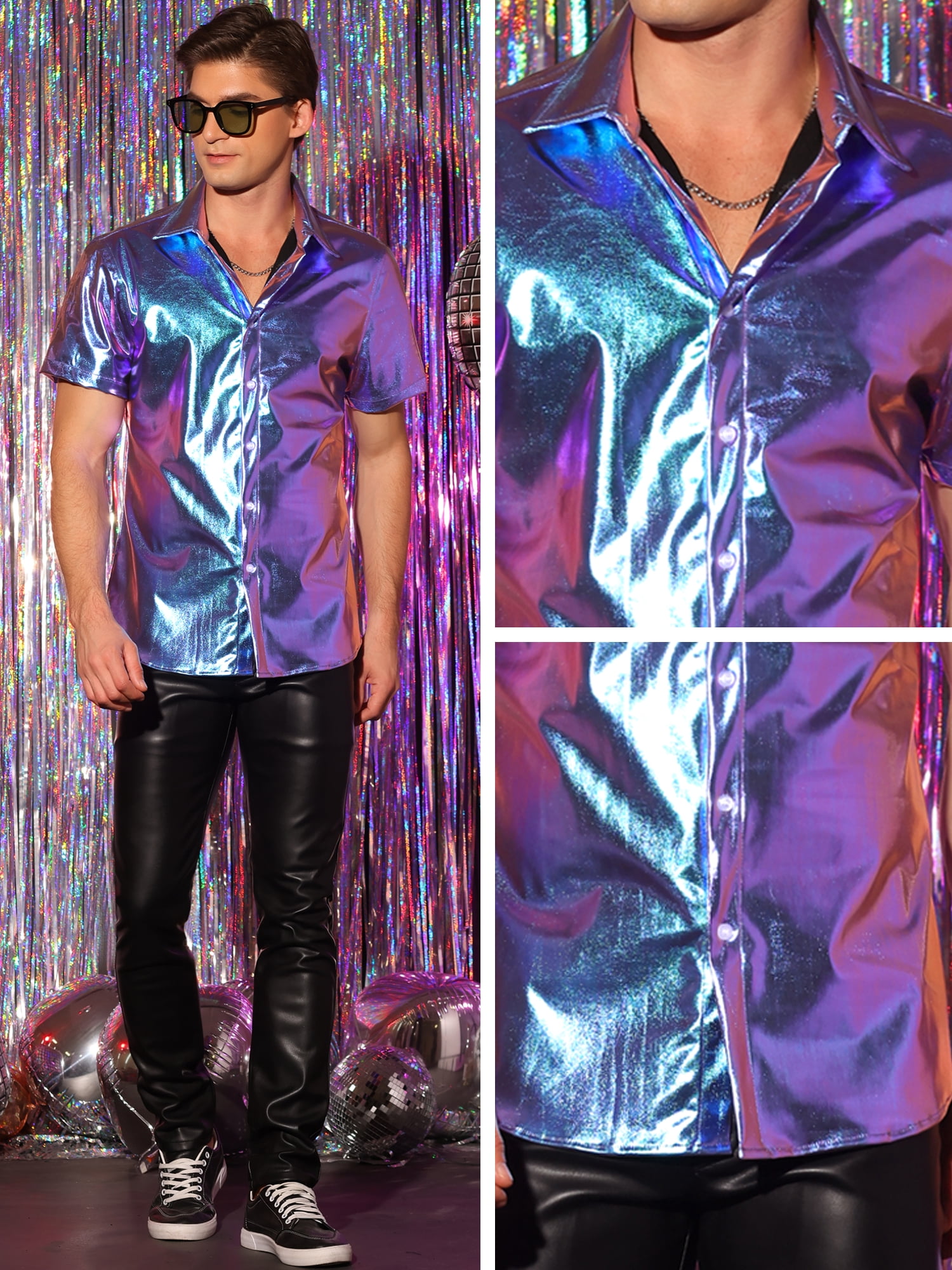 Unique Bargains Men's Holographic Shirt Button Down Party Shiny Metallic Shirt 2XL Purple