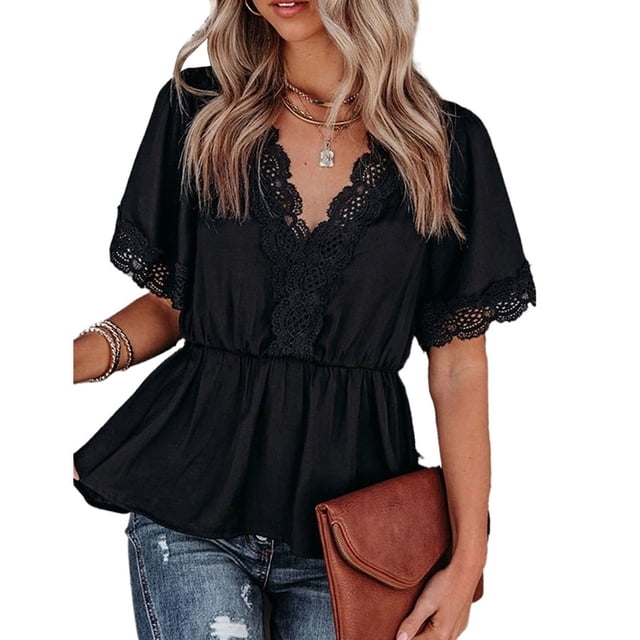 Top De Cuello En V De Encaje Peplum Top De Cuello En V De Encaje De Verano Blusa De Manga Corta Con Cuello En V Con Volantes Ribete De Encaje De Ganchillo Cintura Elástica Peplum ANGGREK No