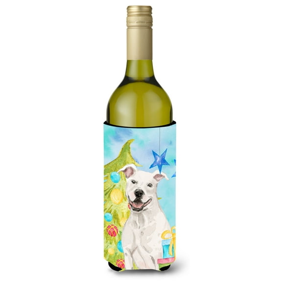 Carolines Treasures BB9396LITERK White Staffie Bull Terrier Christmas Wine Bottle Beverge Insulator Hugger  Wine Bottle