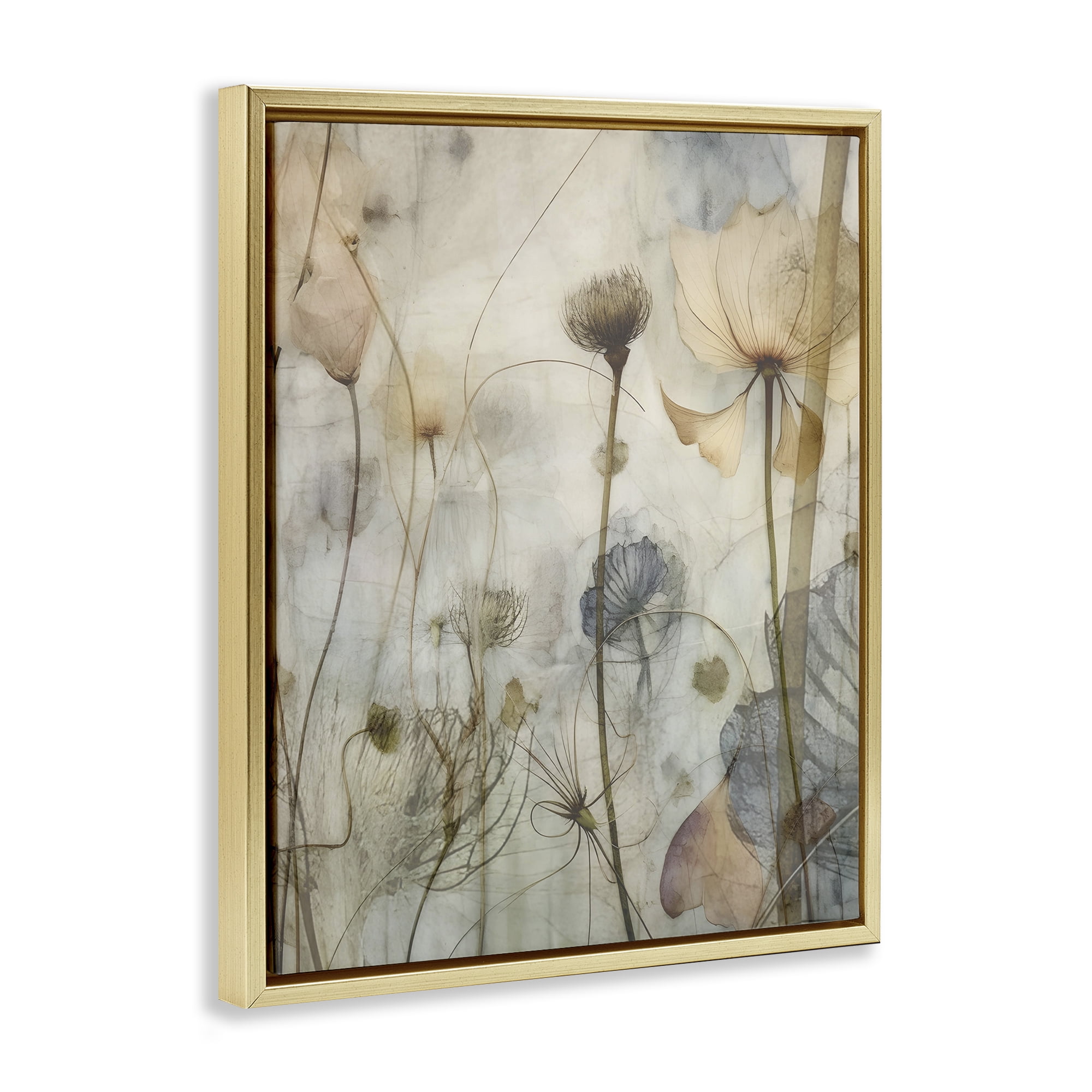 Stupell Industries Subtle Botanicals Pattern Plants & Flowers Painting Gold Floater Framed Canvas Art Print Wall Art, 25 x 31