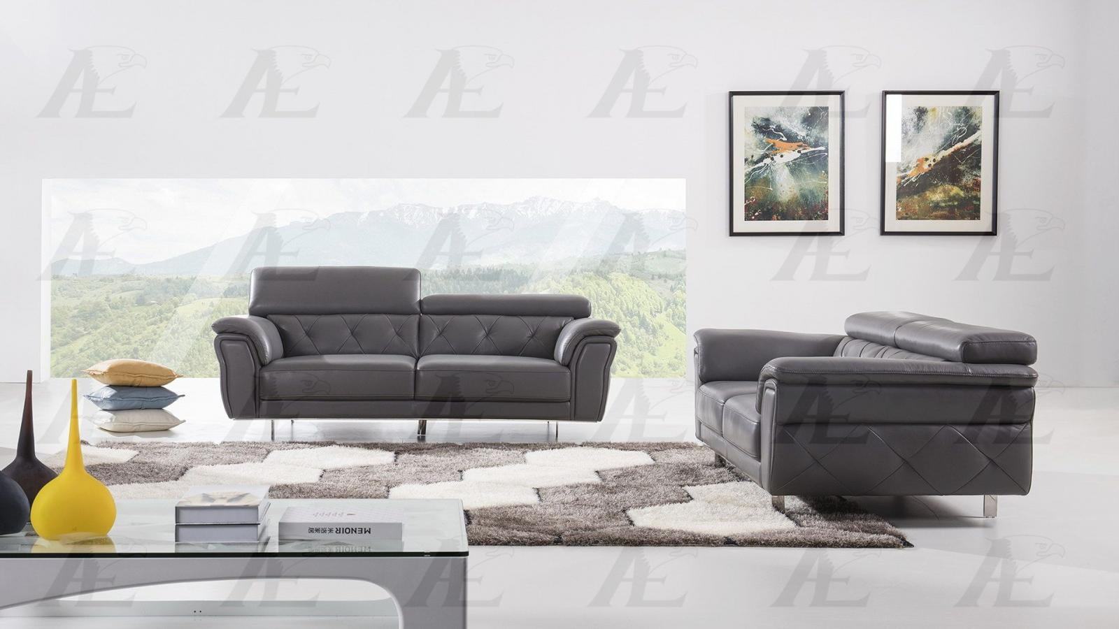 Dark Gray Italian Leather Tufted Sofa and Loveseat Set