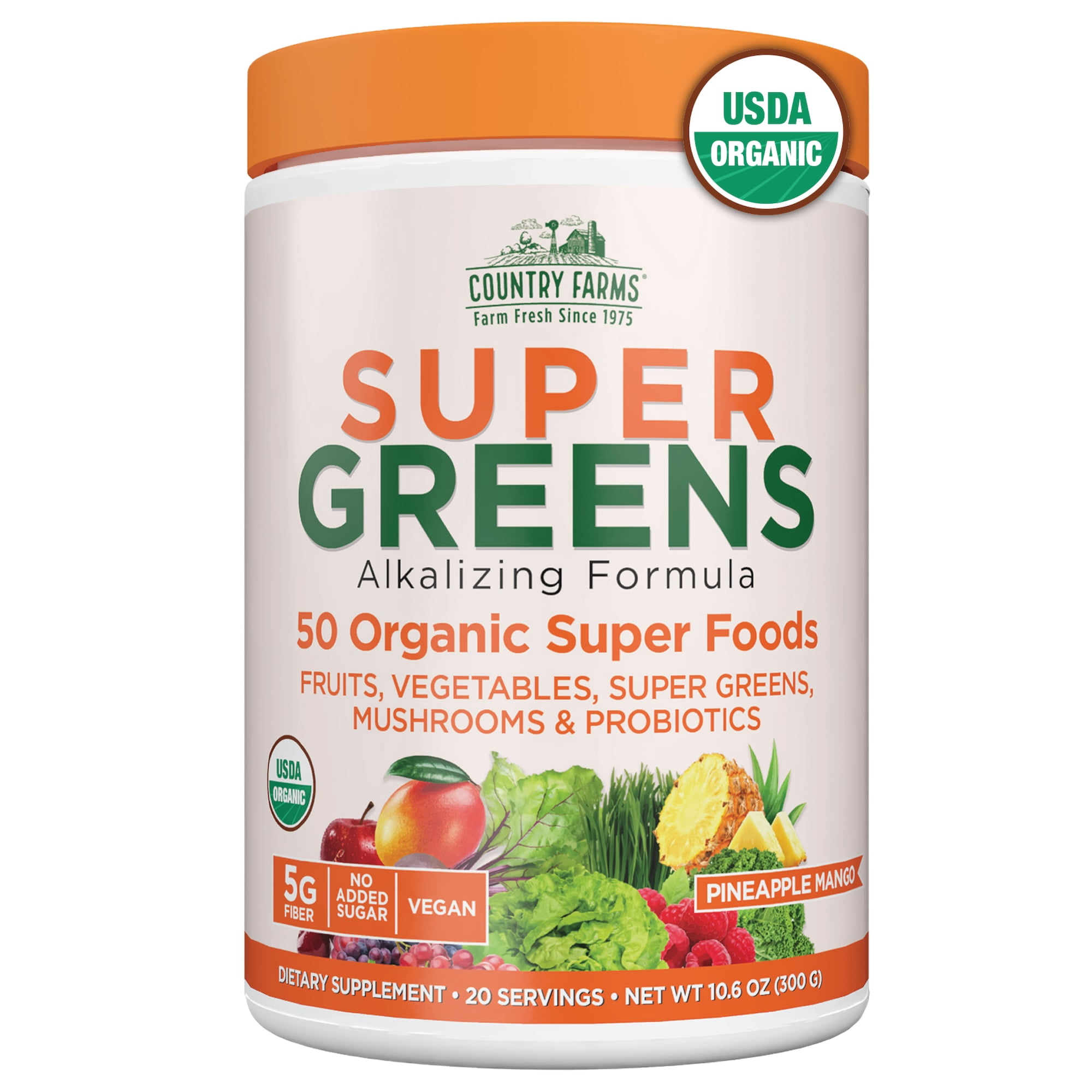 Country Farms Organic Super Greens Powder, 50 Organic Superfoods, Greens Drink Mix with Fruits, Vegetables, Fiber, Probiotics & Mushrooms, Supports Energy, Gut Health & Digestion, Pineapple Mang