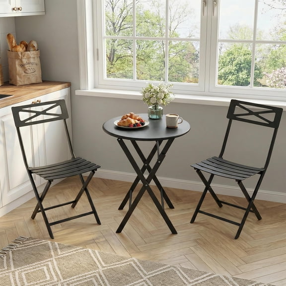 3-Piece Outdoor Round Bistro Set, Black Iron Patio Furniture with Round Table & 2 Chairs, Foldable Steel for Backyard Deck Porch Garden, Space Saving Outdoor Dining Set for Small Spaces