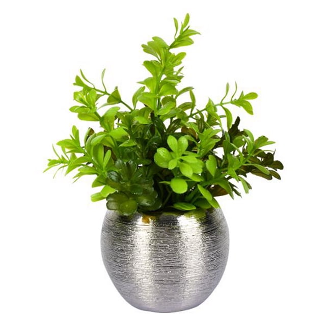 planta artificial decorativa con maceta plateada de cerámica
