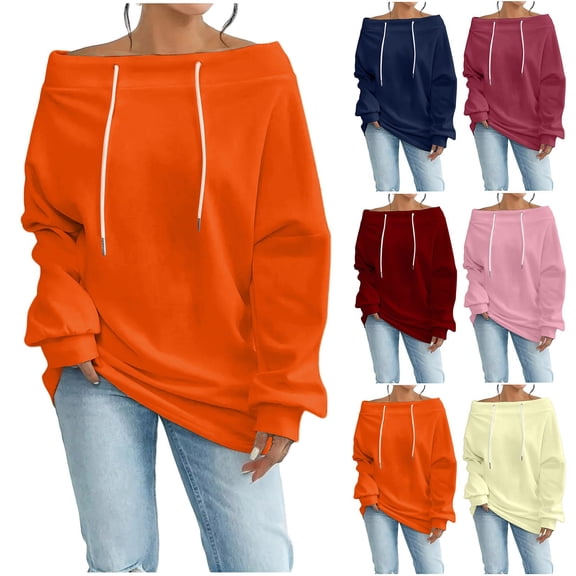 YanHoo Womens Off Shoulder Sweatshirts Long Sleeve Drawstring Sweater Spring Fall Fashion Casual Oversized Loose Fit Streetwear Hot Pink,XXL