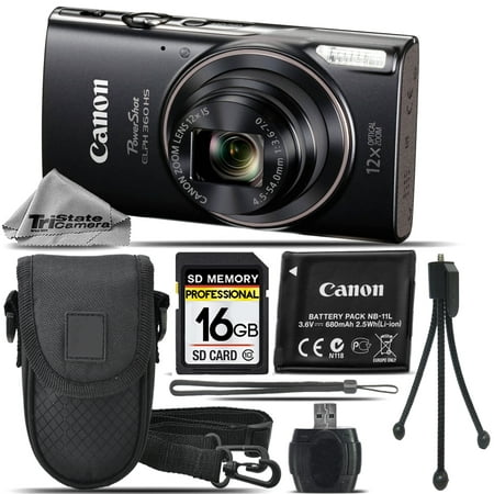 Canon PowerShot ELPH 360 Digital Camera (Black) 1075C001 - 16GB Essential Kit