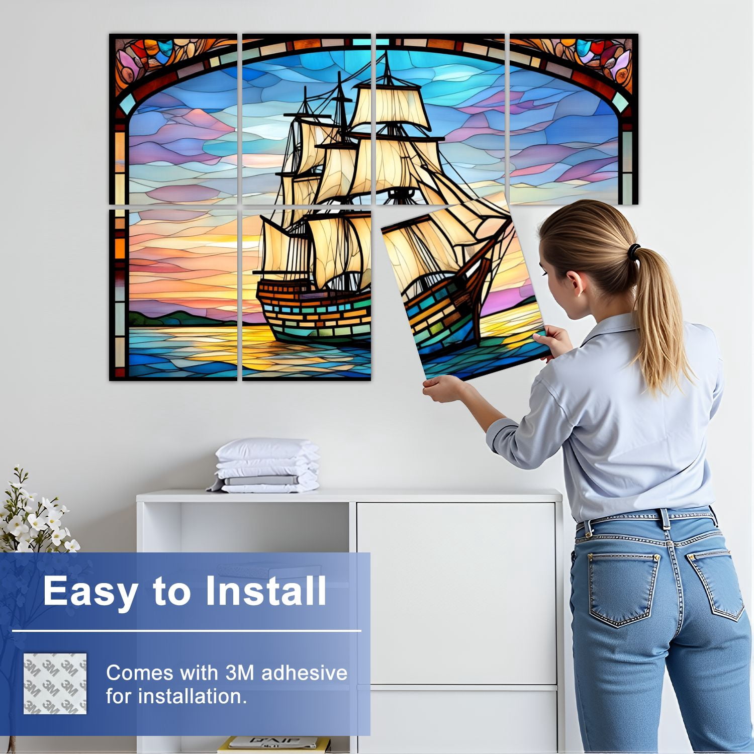 Stained Glass Style 8 Pack Art Acoustic Panels Sound Absorbing Ship Sailing Sea Sunset Decorative Soundproof Wall Panels Self Adhesive for Nursery Game Room Bedroom 48"x32"