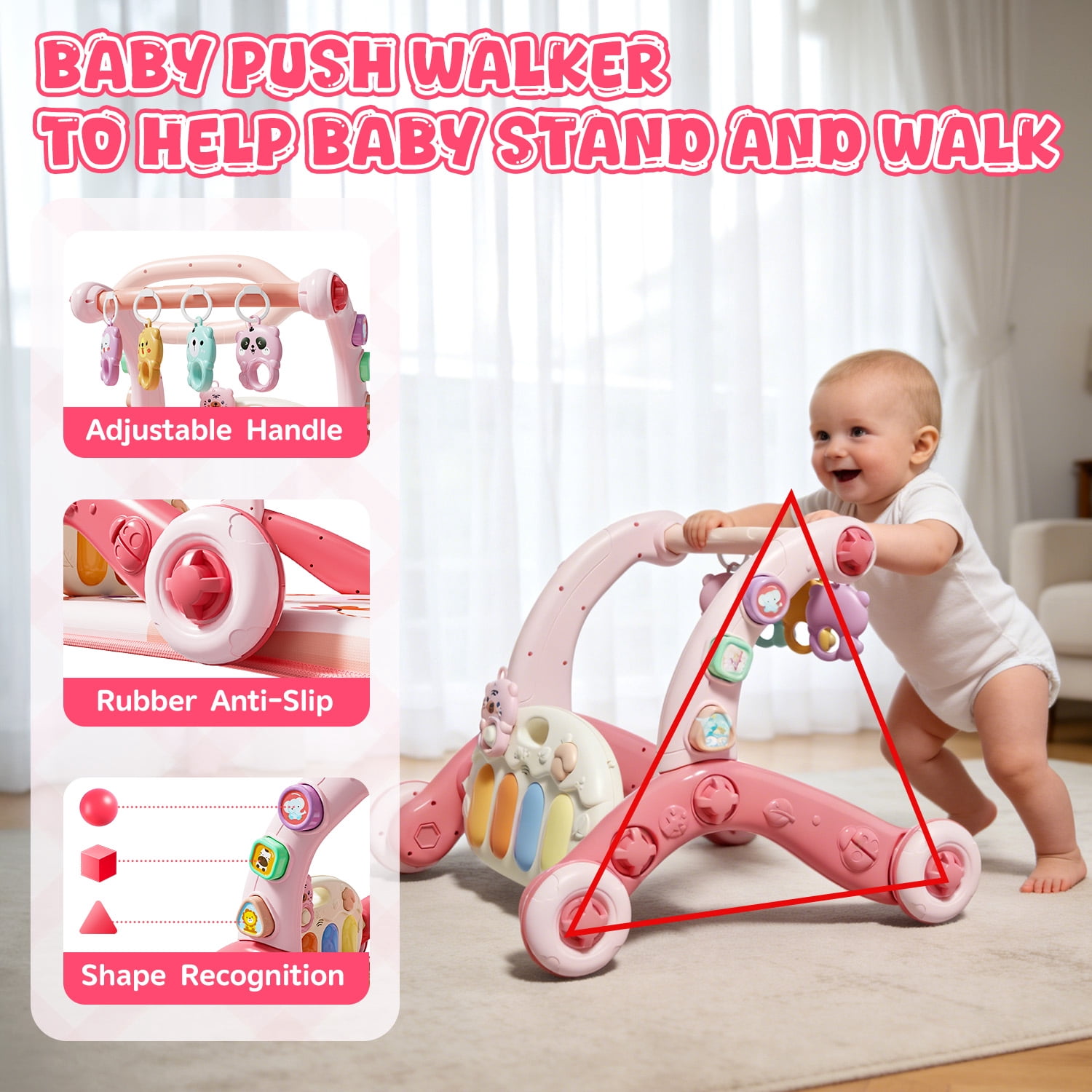 WonderStone 6-in-1 Baby Gym Play Mat, Activity Center Walker with Water Mat, 5 Infant Toys & Portable Musical Piano Panel for Babies 0–12 Months, Pink