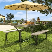 Dextrus Picnic Table Bench Set 6 ft Outdoor Camping with Stable Steel Frame & Wooden Texture Tabletop Weather Resistant w/Umbrella Hole - Light Brown