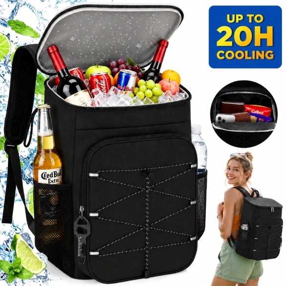 NOCOEX 22L Backpack Cooler with 20H Cooling & Bottle Opener, 28 Cans Cooler Backpack Insulated Leak Proof for Camping Hiking Beach Picnic Fishing (Black)