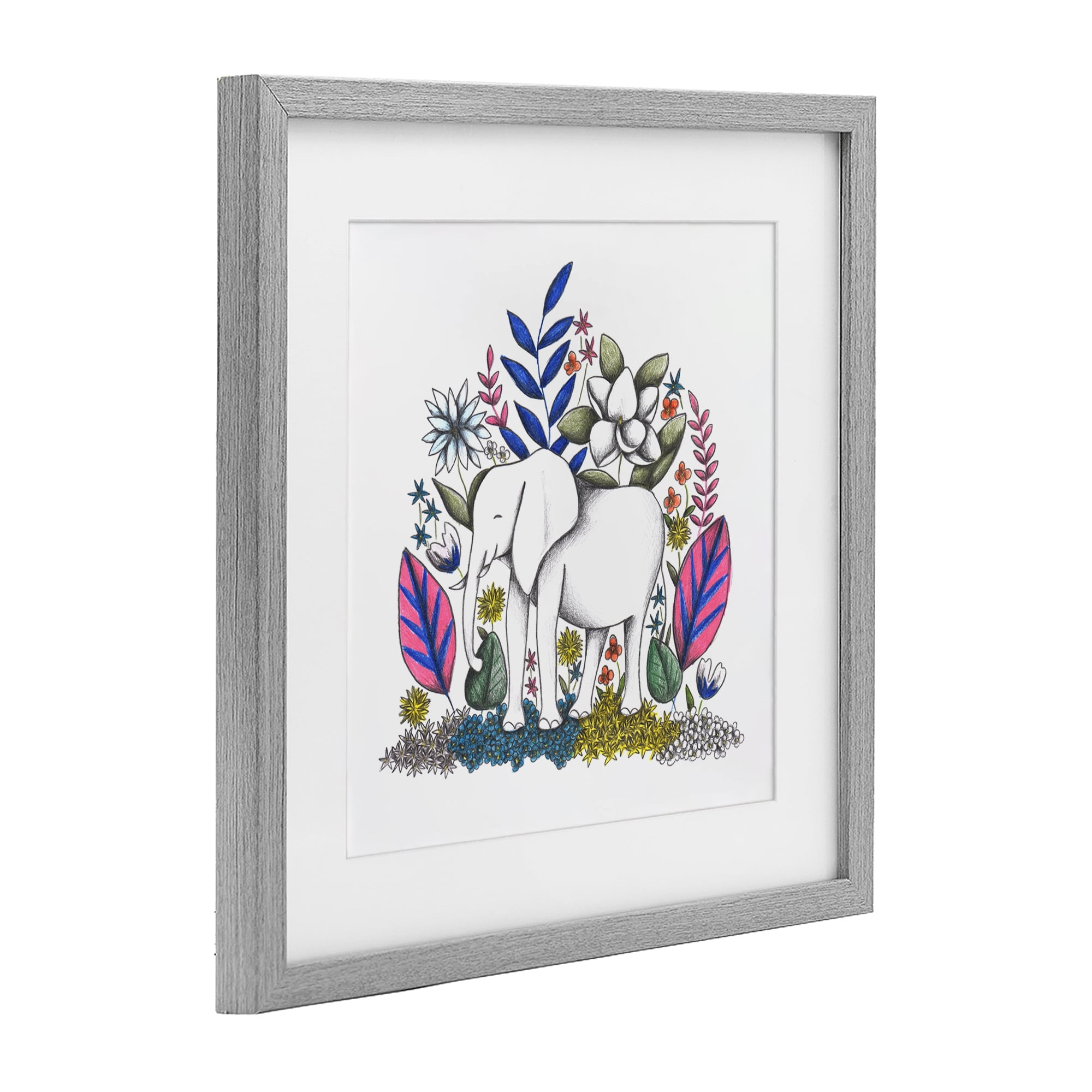 Elephant in Midst of Flowers Gray Framed Print Under Glass, design by Cecilia Battaini
