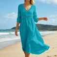 thumbnail image 4 of Bysome Women Dress Solid Color 3/4 Sleeve V-Neck Flowy Dresses Summer Casual Women Dresses Size M Sky Blue, 4 of 8
