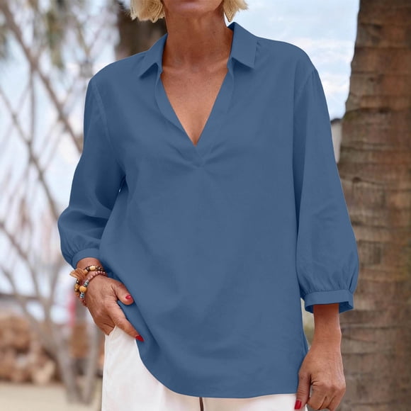 TaTaai 2026 Spring Women’s Lapel 3/4 Sleeve Tee Regular Blouse Casual Solid Color Fashion Top Linen Texture Polyester Daily Shirt Gift