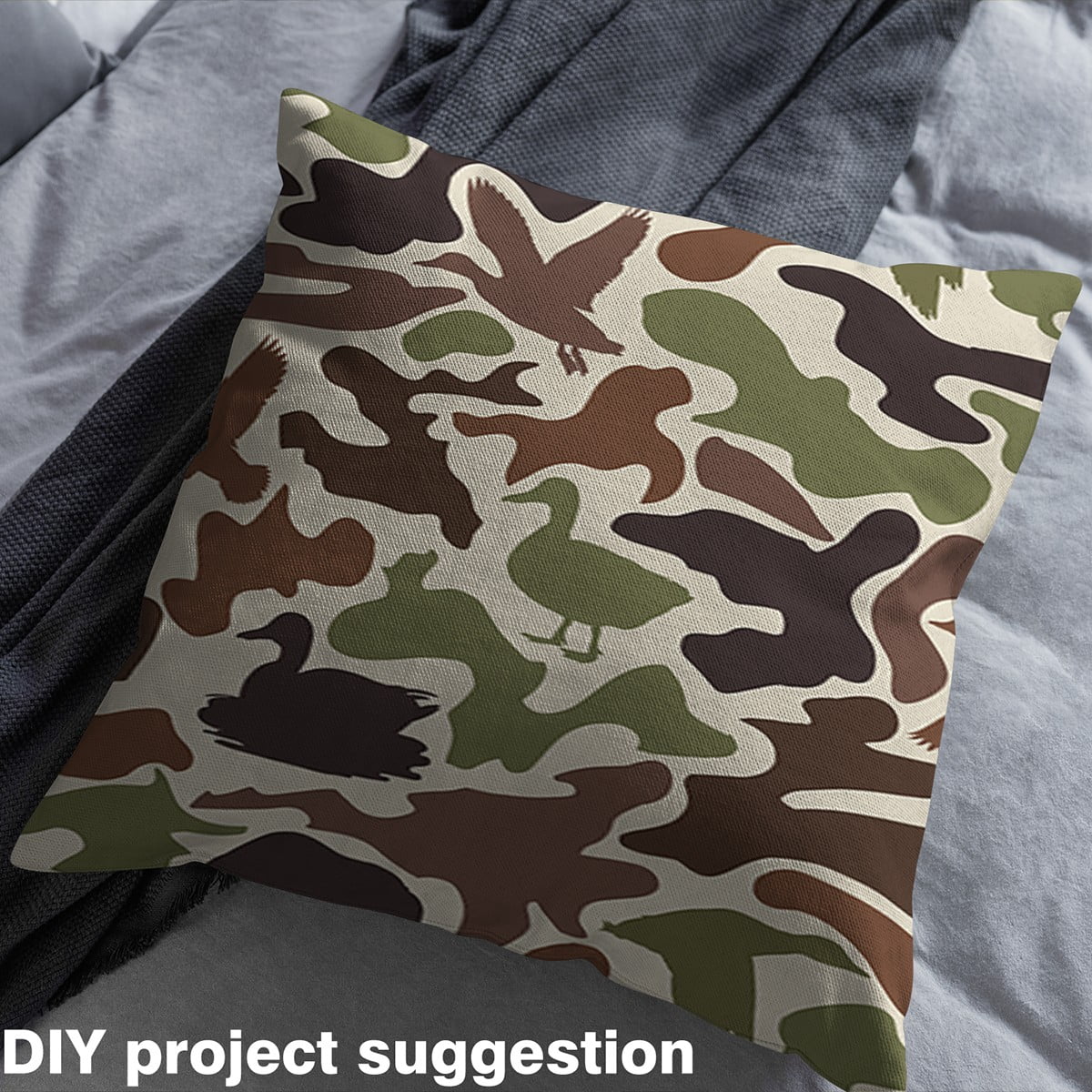 Manfei Brown Green Camouflage Fabric by the Yard (3 Yards), Mallard Duck Silhouette Decorative Fabric by the Yard, Geometric Camo DIY Fabric