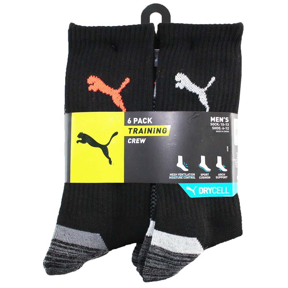 PUMA Puma Mens 6 Pack Training Crew Cushioned Socks Size 1013 Black