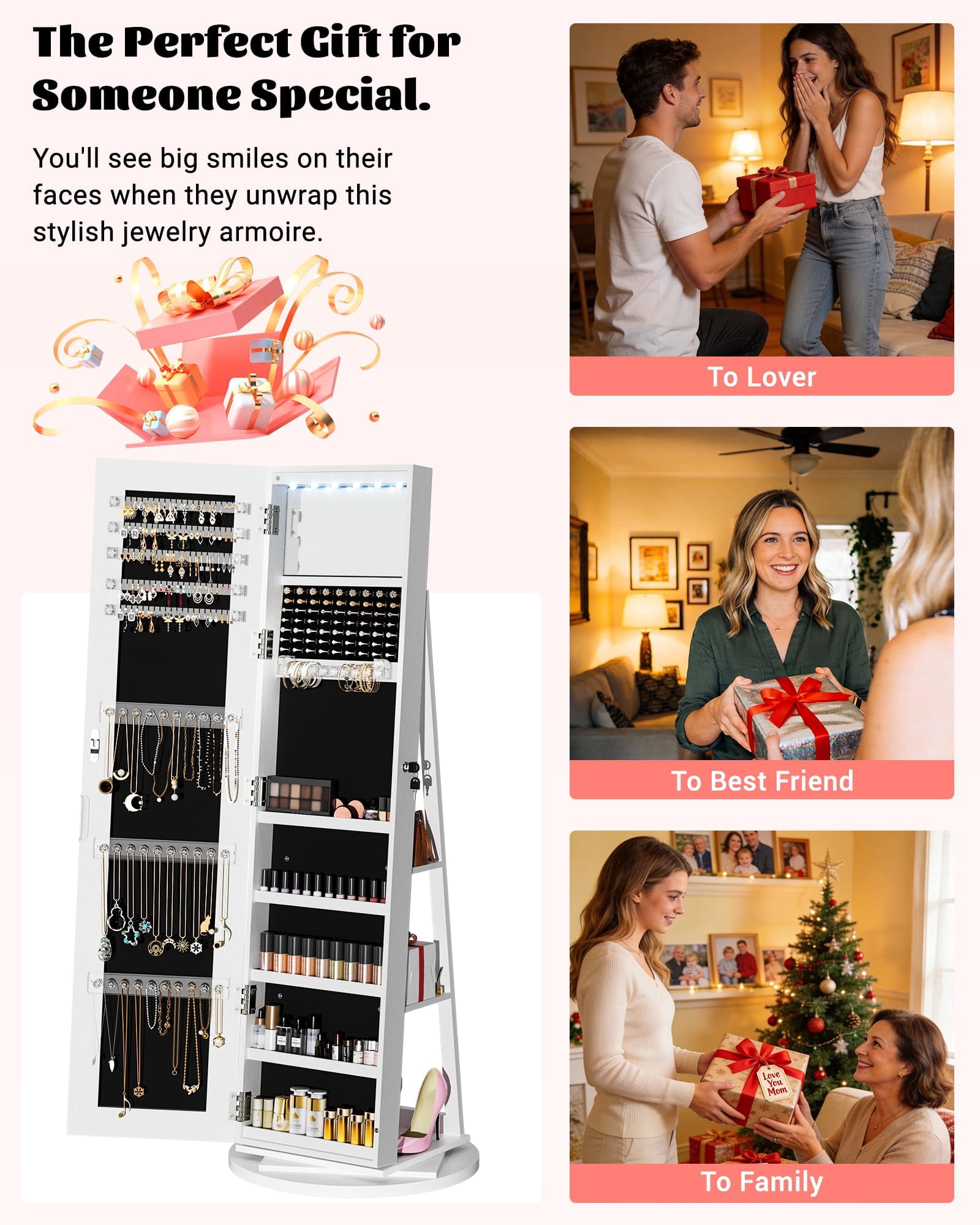 Jewelry Armoire with Frameless Full-Length Mirror, 360° Swivel Jewelry Cabinet Organizer Standing with 3 Back Shelves, 6 LEDs, Storage Lockable for Women Gift, White