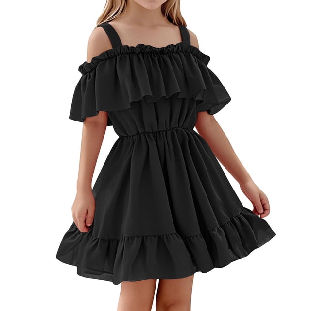 Zpanxa Robe T-Shirt d'Été pour Fillette, Décontractée, Épaules Dénudées, Ligne A, Ourlet à Volants, Robe de Fête Fumée en Polyester et Spandex, 4 Ans