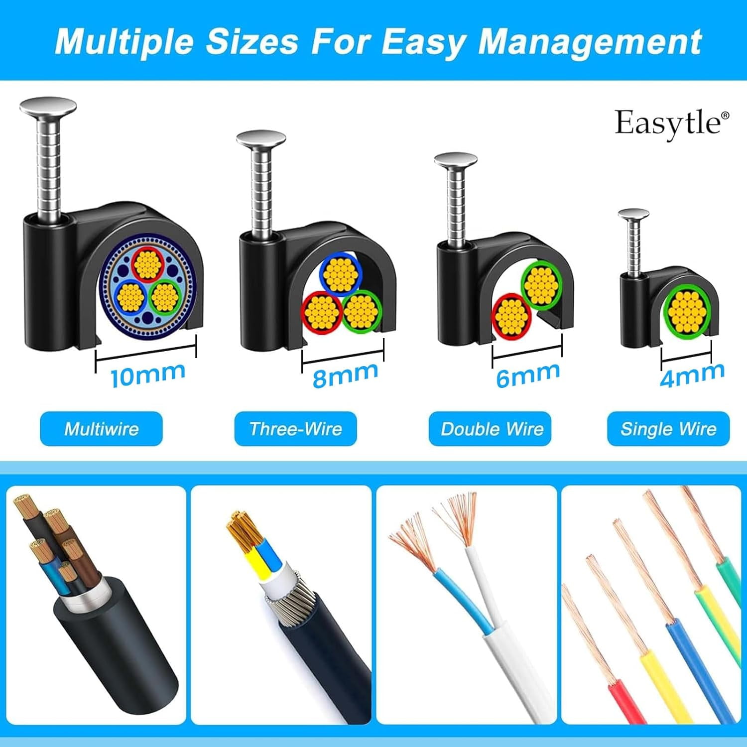 4/6/8/10mm Black Nail in Cable Clips Wire Tacks Clamps for Cable Management RG6 RG59 CAT6 RJ45 Ethernet Coax, 160 Pcs