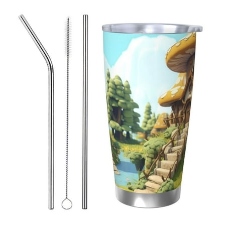 

Salouo Cartoon Mushroom House Print 20oz Tumbler with Lid Stainless Steel Vacuum Insulated Tumbler Durable Insulated Coffee Mug Thermal Cup with Splash Proof Sliding Lid-Straw Three-piece Set