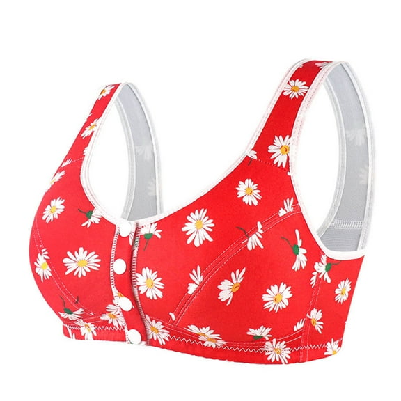 KHONTS Daisy Push up Senior Bras Full Coverage Front Closure Graphic Printed Bra Soft Breathable Comfy Snap Bralettes for Women Red 44