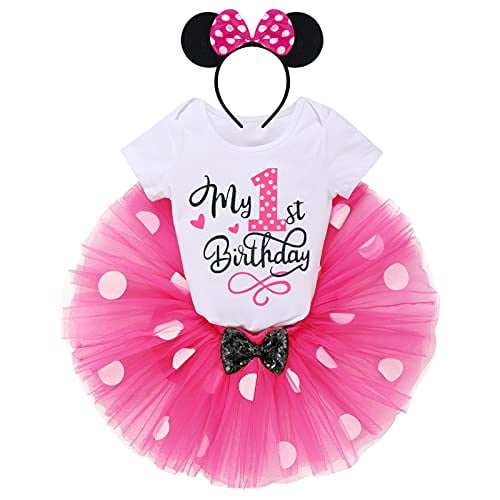 Baby Girls One 1st Birthday Outfit Mini Polka Dots Romper Tutu Dress Mouse Headband Princess Skirt Set for Kids Photo Shoot 