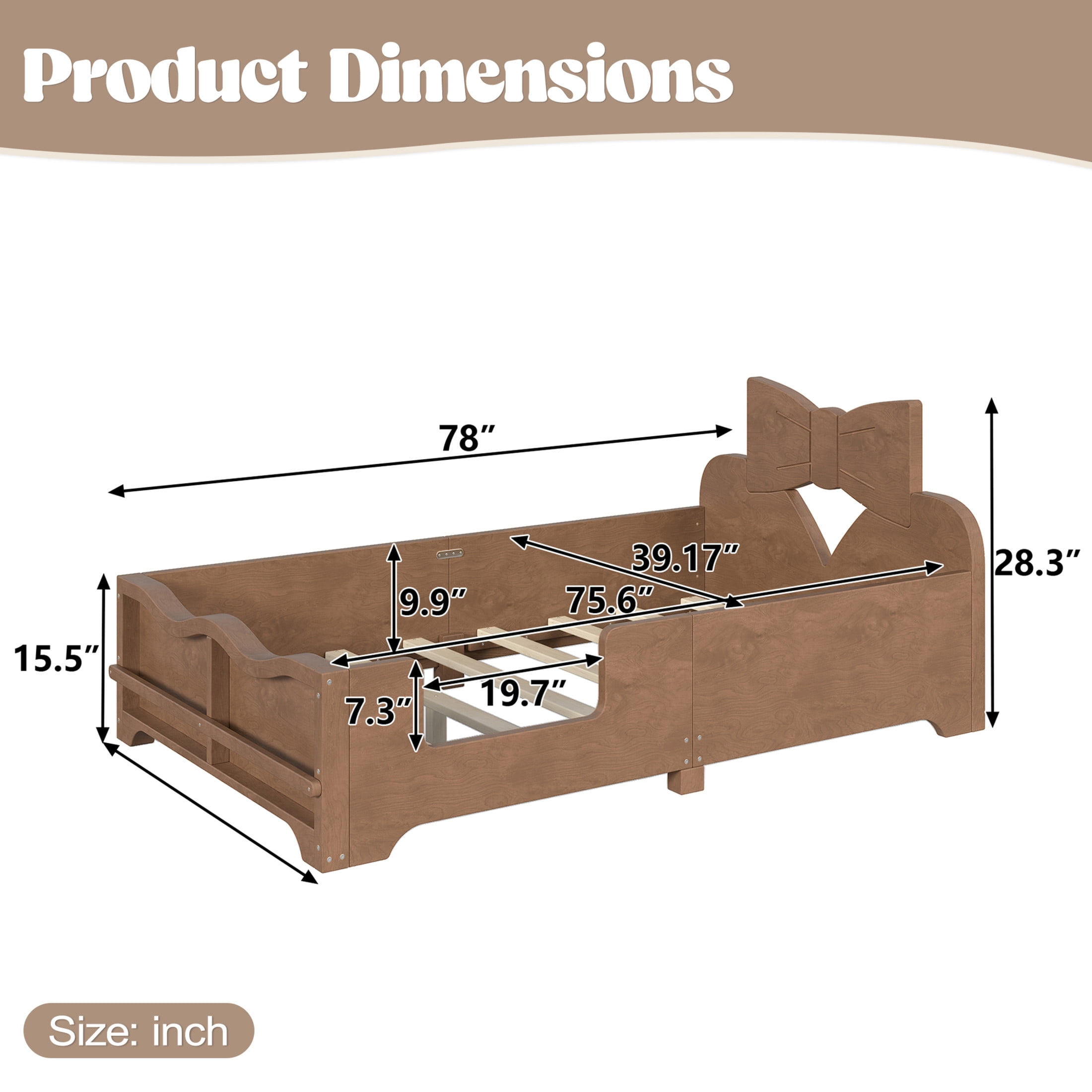 GDF Studio Twin Size Kids Platform Bed with Bowknot Headboard, Guardrails & Bookshelf, Brown