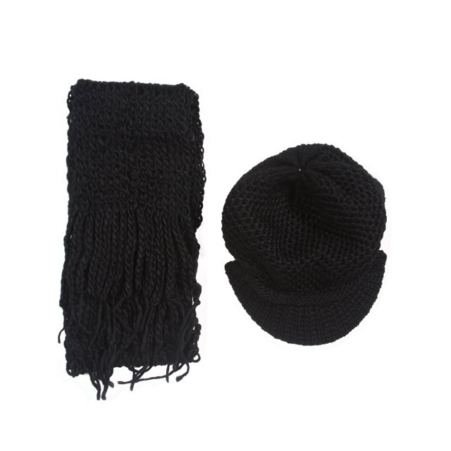 Crochet Beanie Visor with Scarf - Black