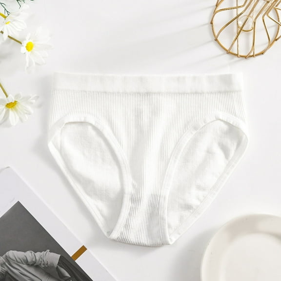 Women's Cotton Panties Women Mid Waist Solid Color Ribbed Cotton File Sexy Breathable Seamless Briefs Panties,White Women's Panties L