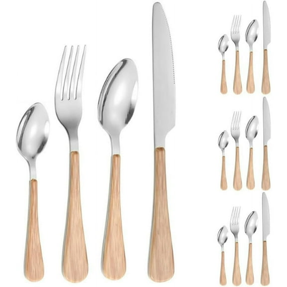 Mictong imitation wood flat handle kitchen stainless steel silverware cutlery knife fork spoon set, hotel home steak knife dessert spoon, silver, 16 pieces