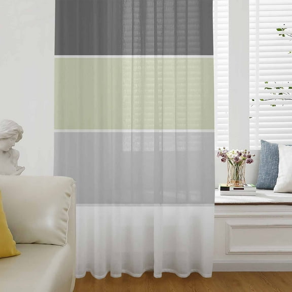 Grey Green Striped Semi Sheer Curtains Drapes for Living Room, Bedroom, French Doors Window 96 Inches Long, Farmhouse Modern Rod Pocket Chiffon Curtain Drapery Voile Draperies Panel