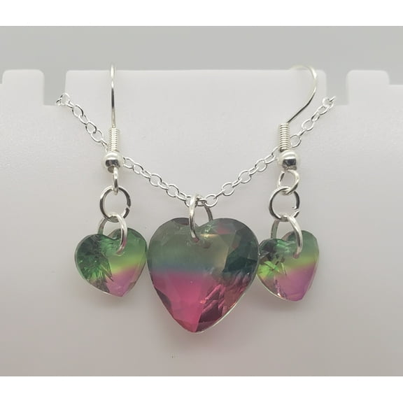 Watermelon Tourmaline Heart Silver Earring/Necklace Set