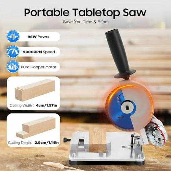 Low Noise Mini Table Saw, 0-45° Adjust-Angle Portable Tabletop Mitre Saw, 96W Manual Chop Saw for Metal Thin Stainless Steel Sheet Iron Sheet Wood Plastic Acrylic