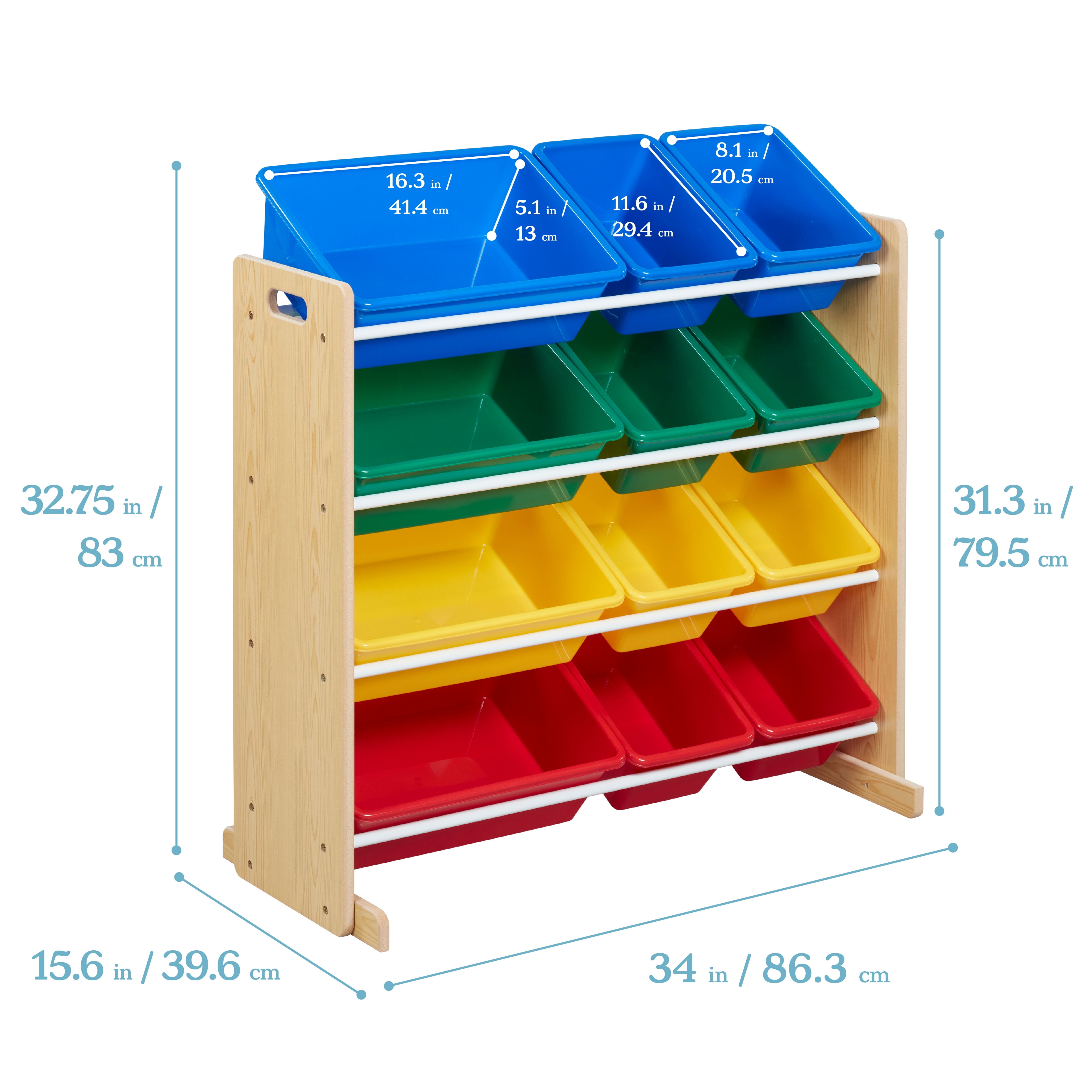ECR4Kids 4-Tier Organizer with 12 Removable Plastic Bins, 4x3, Toy Storage, Natural/Primary