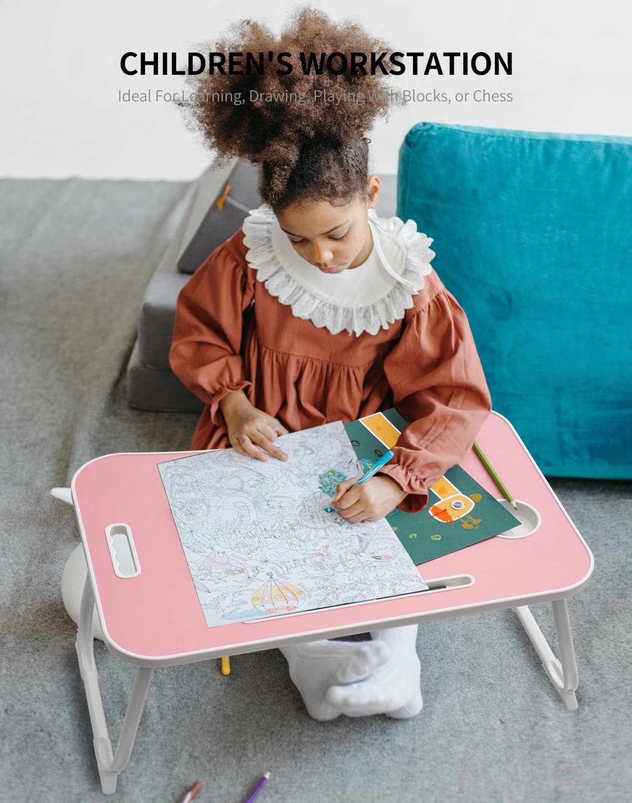 Laptop Bed Desk  Foldable Lap Portable Table Stand With Cup Holder & Tablet Slot Lifting Handle For Working Writing Drawing Eating - Pink